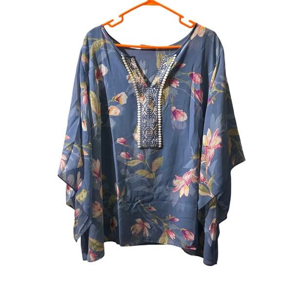 Belle Kim Gravel blue floral embroidered lined blouse 3X flowy business - Picture 2 of 8